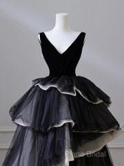 Black V Neck Tulle Long Formal Prom Dresses, Black Long Formal Dresses