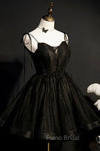 Black V-Neck Tulle Short Formal Prom Dresses, Black A-Line Homecoming Party Dresses