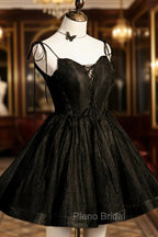 Black V-Neck Tulle Short Formal Prom Dresses, Black A-Line Homecoming Party Dresses