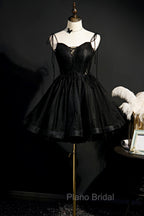 Black V-Neck Tulle Short Formal Prom Dresses, Black A-Line Homecoming Party Dresses