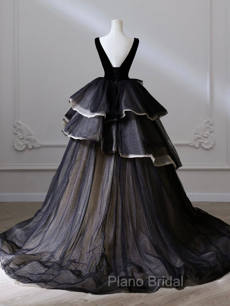 Black V Neck Tulle Velvet Long Formal Prom Dresses, Black Long Formal Dresses Secondary image