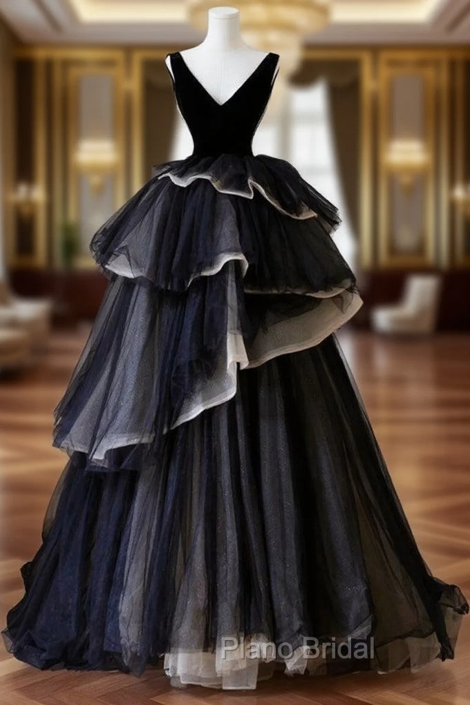 Black V Neck Tulle Velvet Long Formal Prom Dresses, Black Long Formal Dresses Main image