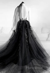 Black V-Neckline Backless Tulle With Lace Party Dresses, Black Long Formal Prom Dresses