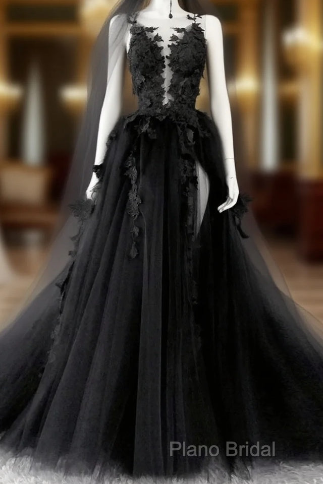 Black V-Neckline Backless Tulle With Lace Party Dresses, Black Long Formal Prom Dresses