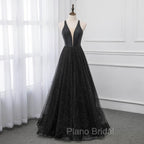 Black V-neckline Tulle and Satin Long Straps Cross Back Formal Prom Dresses, Floor Length Evening Dresses