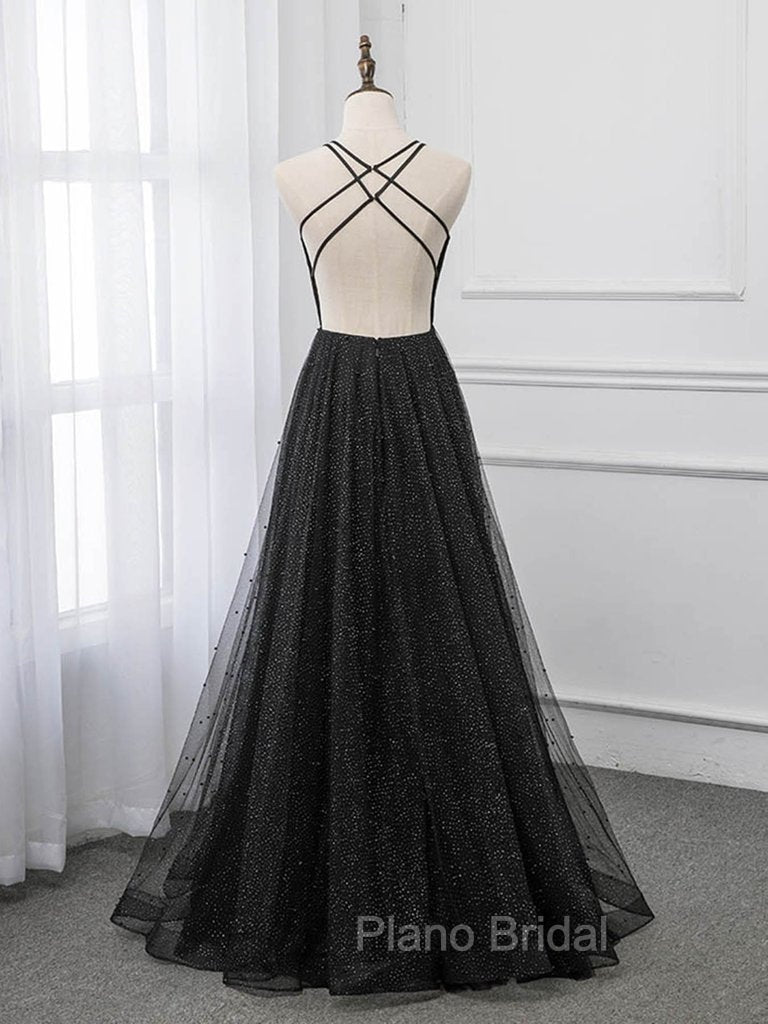 Black V-neckline Tulle and Satin Long Straps Cross Back Formal Prom Dresses, Floor Length Evening Dresses