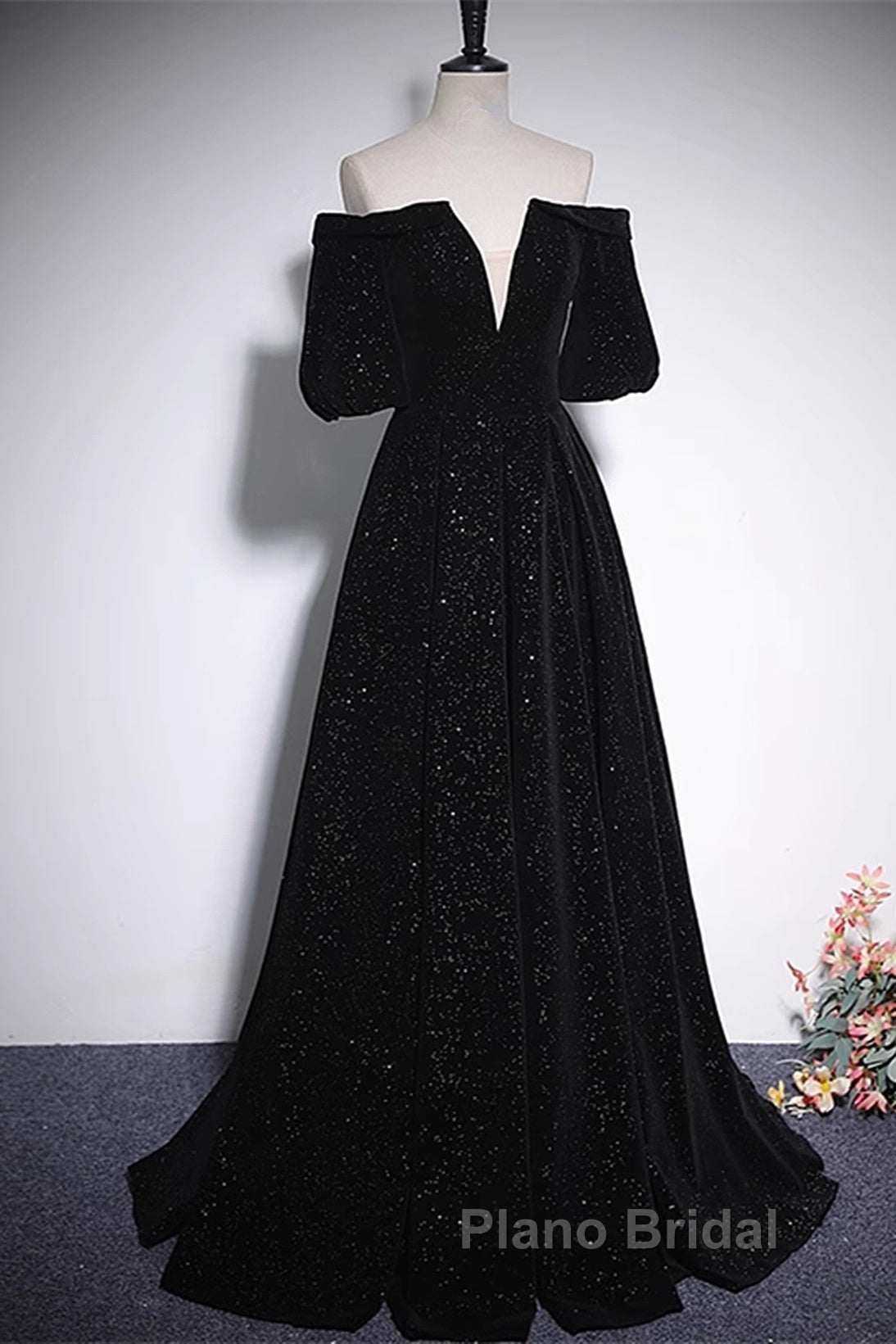 Black V-Neckline Velvet Off Shoulder Party Dresses, A-Line Black Formal Prom Dresses Evening Dresses Secondary image