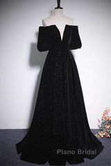 Black V-Neckline Velvet Off Shoulder Party Dresses, A-Line Black Formal Prom Dresses Evening Dresses