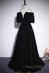Black V-Neckline Velvet Off Shoulder Party Dresses, A-Line Black Formal Prom Dresses Evening Dresses