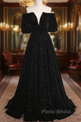 Black V-Neckline Velvet Off Shoulder Party Dresses, A-Line Black Formal Prom Dresses Evening Dresses