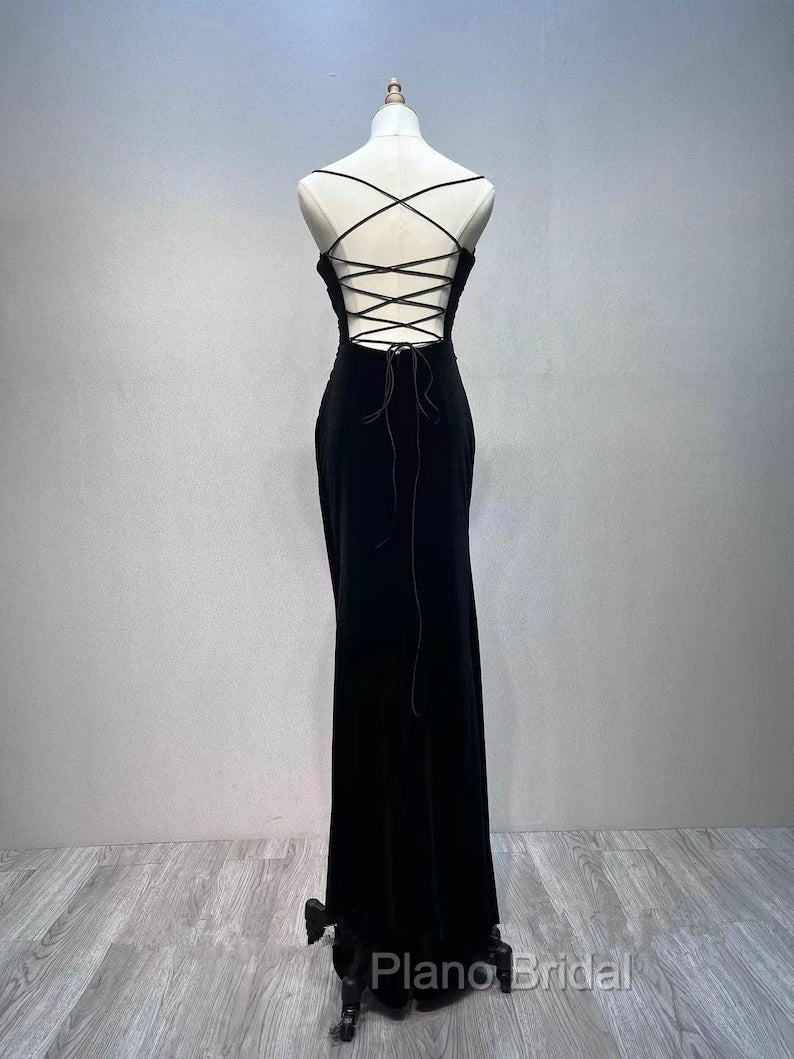 Black Velvet A-line Straps Wedding Party Dresses, Black Long Evening Dresses Formal Prom Dresses Secondary image