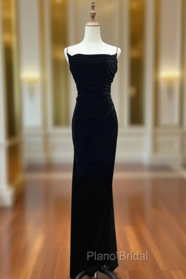 Black Velvet A-line Straps Wedding Party Dresses, Black Long Evening Dresses Formal Prom Dresses Main image