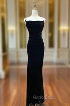 Black Velvet A-line Straps Wedding Party Dresses, Black Long Evening Dresses Formal Prom Dresses