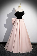 Black Velvet And Pink Satin Long Formal Prom Dresses, Beautiful A-Line Formal Party Dresses With Bow