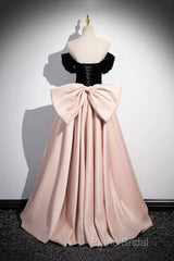 Black Velvet And Pink Satin Long Formal Prom Dresses, Beautiful A-Line Formal Party Dresses With Bow
