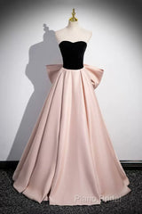 Black Velvet And Pink Satin Long Formal Prom Dresses, Beautiful A-Line Formal Party Dresses With Bow