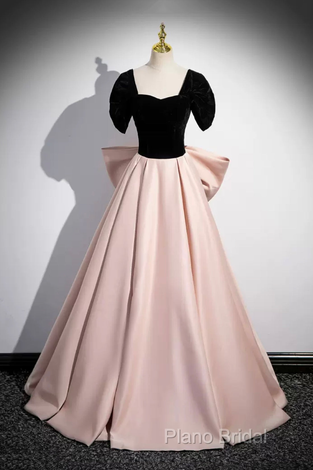 Black Velvet And Pink Satin Long Formal Prom Dresses, Beautiful A-Line Formal Party Dresses With Bow