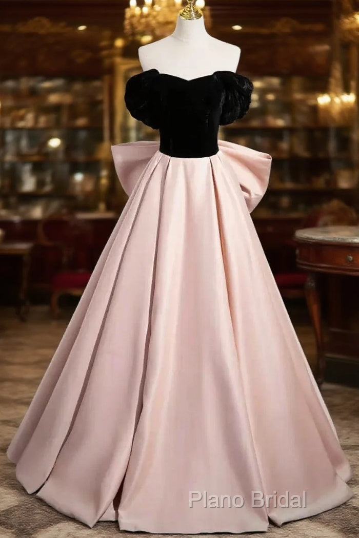 Black Velvet And Pink Satin Long Formal Prom Dresses, Beautiful A-Line Formal Party Dresses With Bow