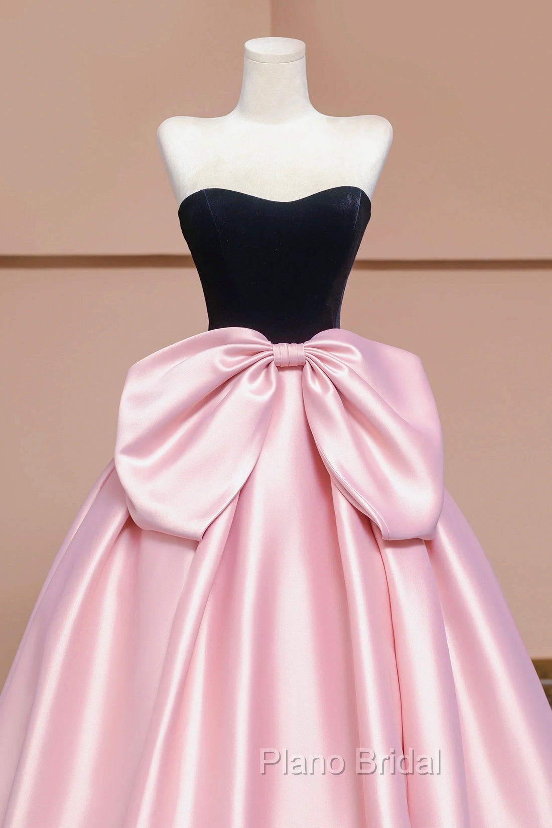 Black Velvet and Pink Satin Long Formal Prom Dresses with Bow, Beautiful A-Line Strapless Formal Party Dresses
