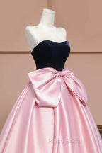 Black Velvet and Pink Satin Long Formal Prom Dresses with Bow, Beautiful A-Line Strapless Formal Party Dresses