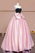 Black Velvet and Pink Satin Long Formal Prom Dresses with Bow, Beautiful A-Line Strapless Formal Party Dresses