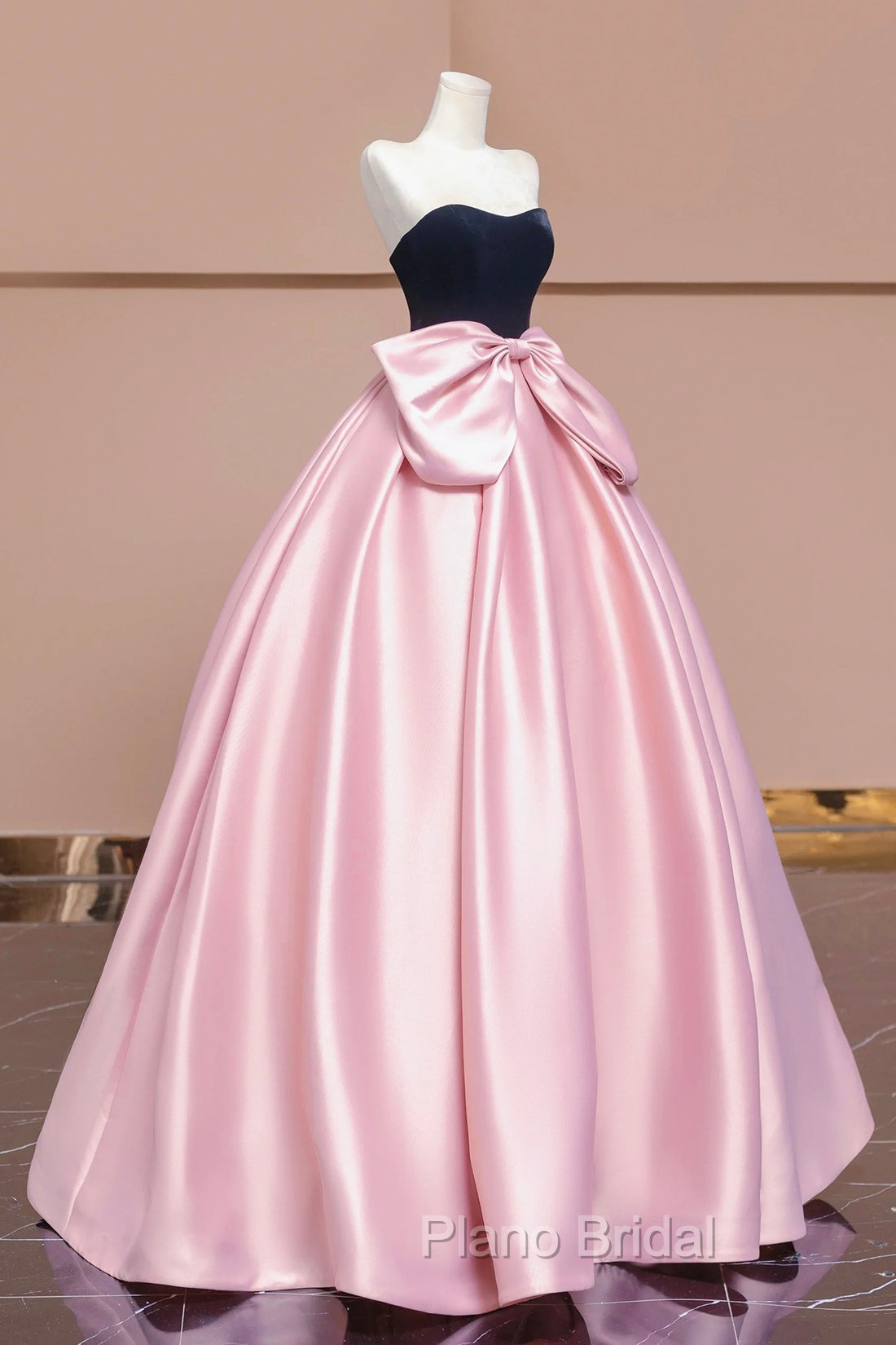Black Velvet and Pink Satin Long Formal Prom Dresses with Bow, Beautiful A-Line Strapless Formal Party Dresses