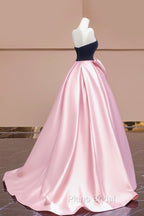 Black Velvet and Pink Satin Long Formal Prom Dresses with Bow, Beautiful A-Line Strapless Formal Party Dresses