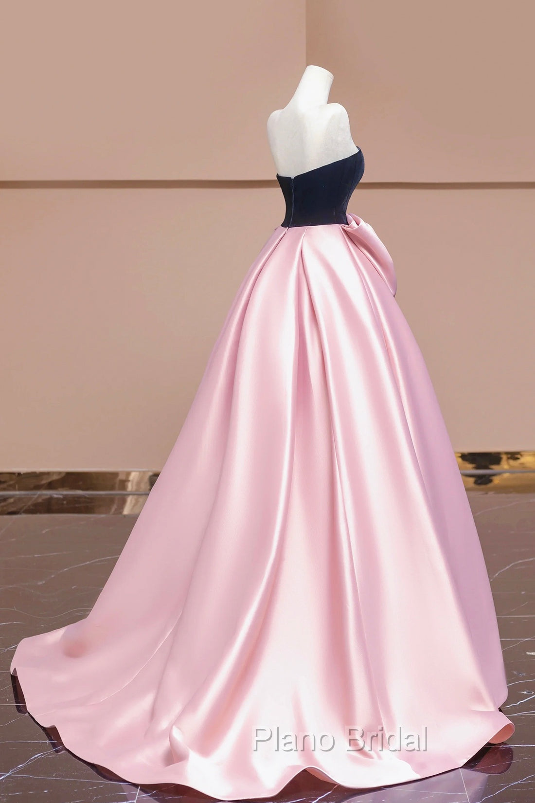 Black Velvet and Pink Satin Long Formal Prom Dresses with Bow, Beautiful A-Line Strapless Formal Party Dresses