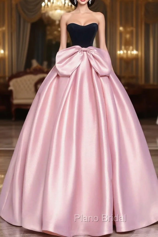 Black Velvet and Pink Satin Long Formal Prom Dresses with Bow, Beautiful A-Line Strapless Formal Party Dresses Main image