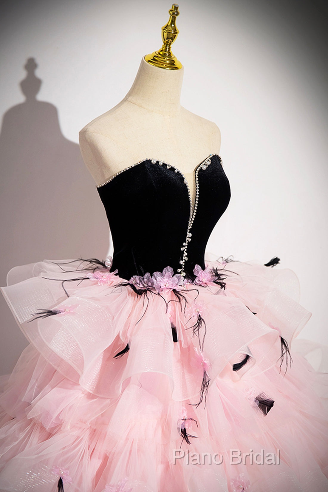 Black Velvet And Pink Tulle Strapless Ball Gown, Pink Backless Ruffles Formal Dresses Secondary image