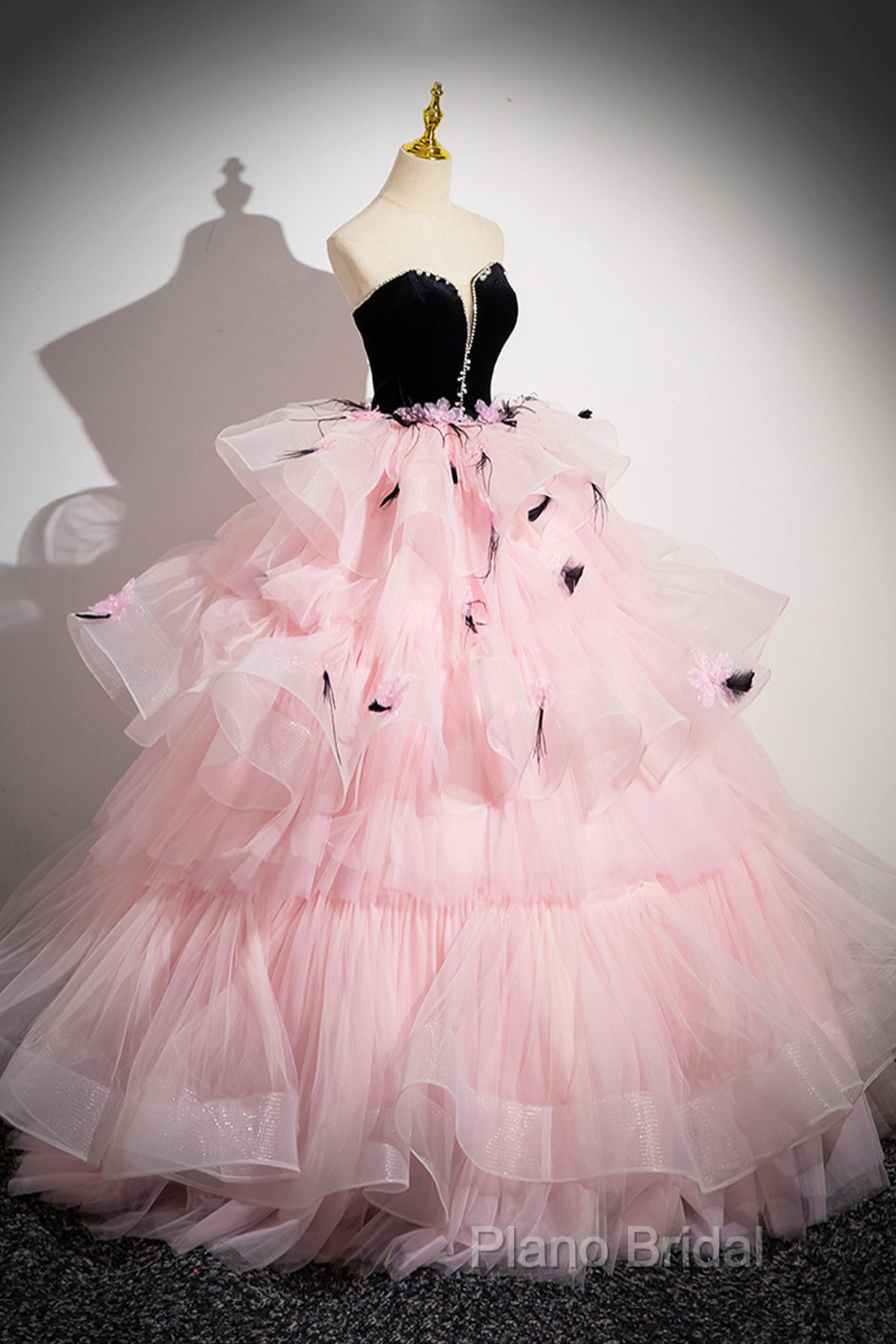 Black Velvet And Pink Tulle Strapless Ball Gown, Pink Backless Ruffles Formal Dresses