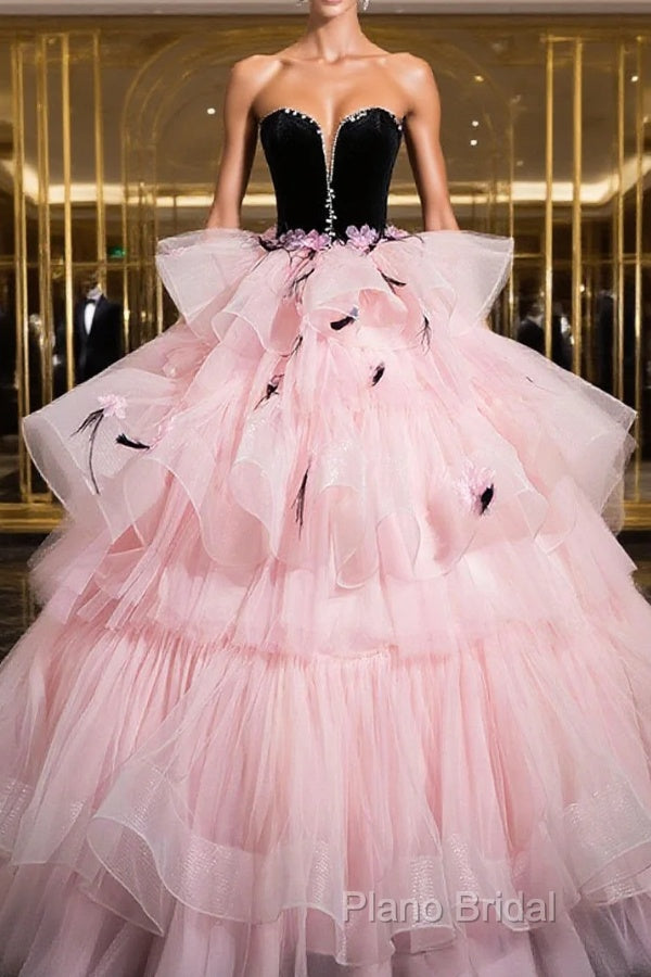Black Velvet And Pink Tulle Strapless Ball Gown, Pink Backless Ruffles Formal Dresses Main image