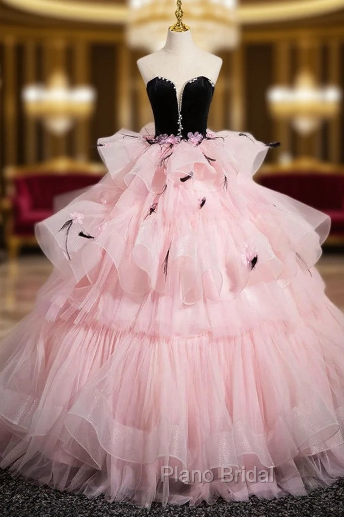 Black Velvet and Pink Tulle Strapless Formal Prom Dresses Main image
