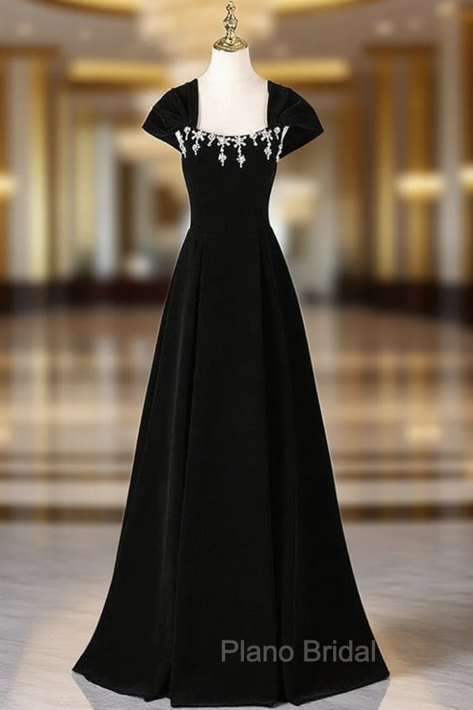 Black Velvet Bead Crystal Formal Prom Dresses