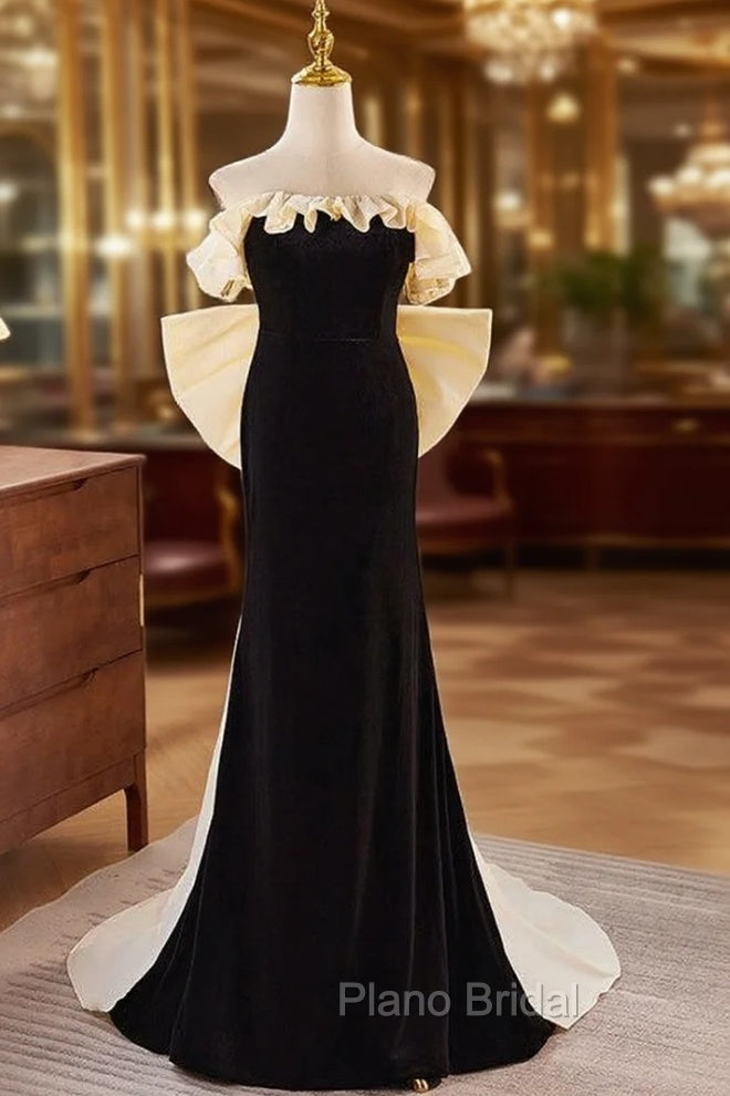 Black Velvet Champagne Bow Strapless Formal Prom Dresses Main image
