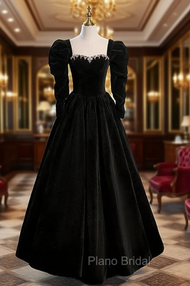 Black Velvet Crystal Formal Prom Dresses With Detachable Sleeve