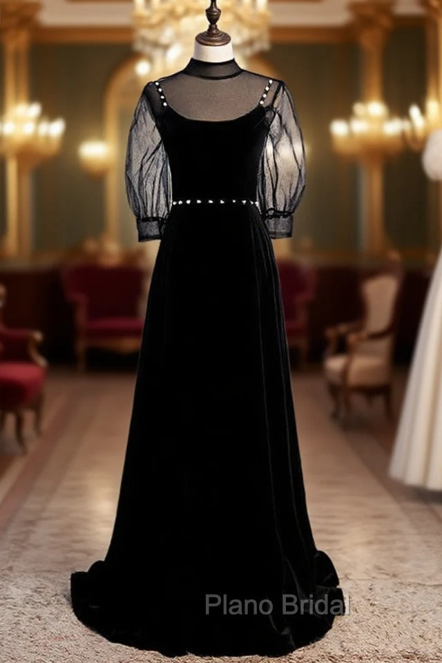 Black Velvet High Short Sleeve Backless Beading Formal Prom Dresses