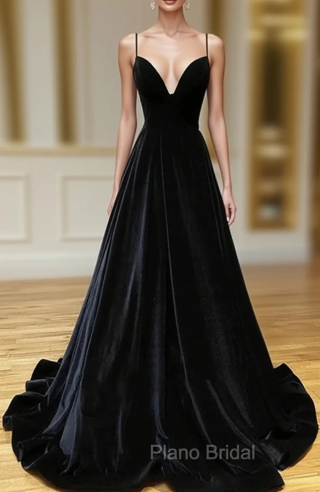 Black Velvet Long A-line Low Back Formal Prom Dresses Black V Neck Wedding Party Dresses Formal Prom Dresses shops Main image
