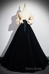 Black Velvet Long A-Line Formal Prom Dresses, Off The Shoulder Formal Party Dresses