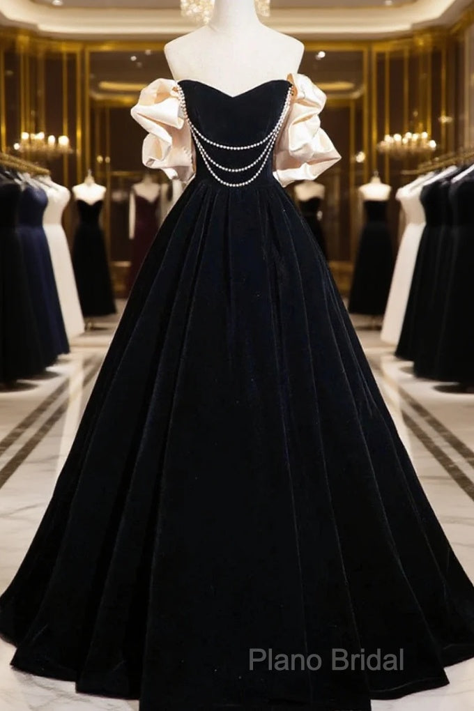 Black Velvet Long A-Line Formal Prom Dresses, Off The Shoulder Formal Party Dresses Main image