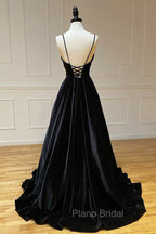 Black Velvet Long A-Line Formal Prom Dresses, V-Neck Backless Evening Formal Dresses