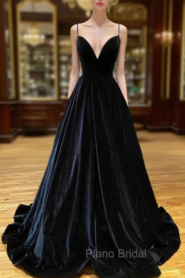 Black Velvet Long A-Line Formal Prom Dresses, V-Neck Backless Evening Formal Dresses Main image