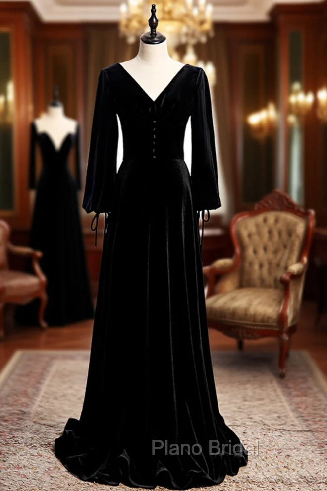 Black Velvet Long Sleeve Button Pleats Formal Prom Dresses Main image