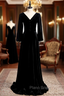 Black Velvet Long Sleeve Button Pleats Formal Prom Dresses