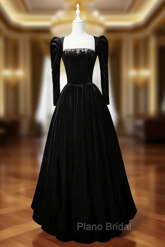 Black Velvet Long Sleeve Crystal Formal Prom Dresses Main image