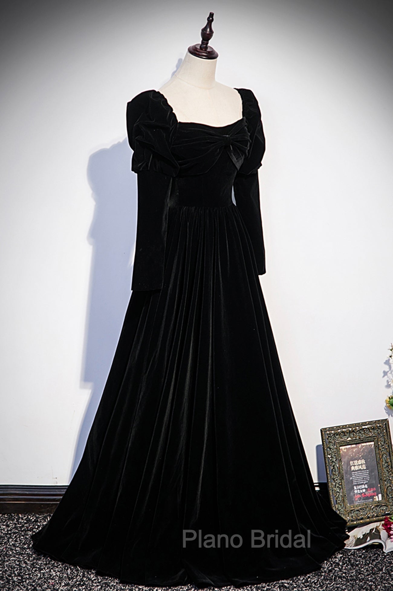 Black Velvet Long Sleeve Formal Prom Dresses, A-Line Evening Party Dresses Secondary image