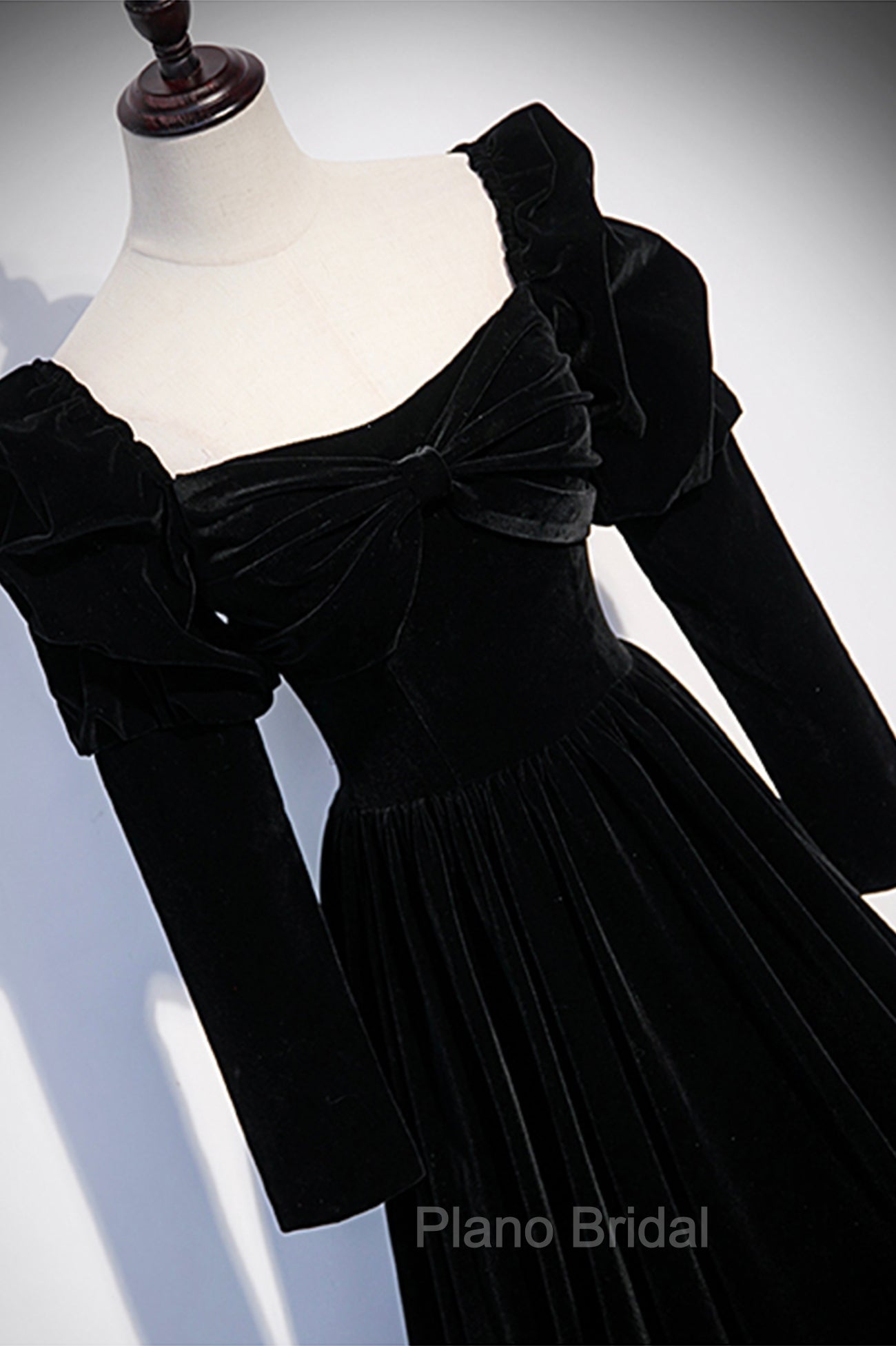 Black Velvet Long Sleeve Formal Prom Dresses, A-Line Evening Party Dresses