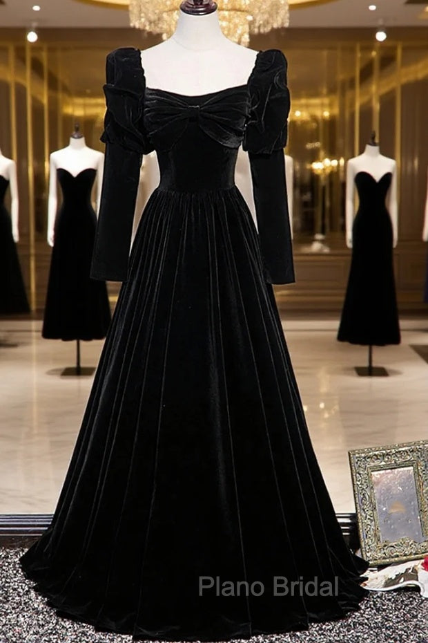 Black Velvet Long Sleeve Formal Prom Dresses, A-Line Evening Party Dresses Main image