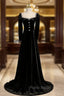 Black Velvet Long Sleeve Square Beading Formal Prom Dresses