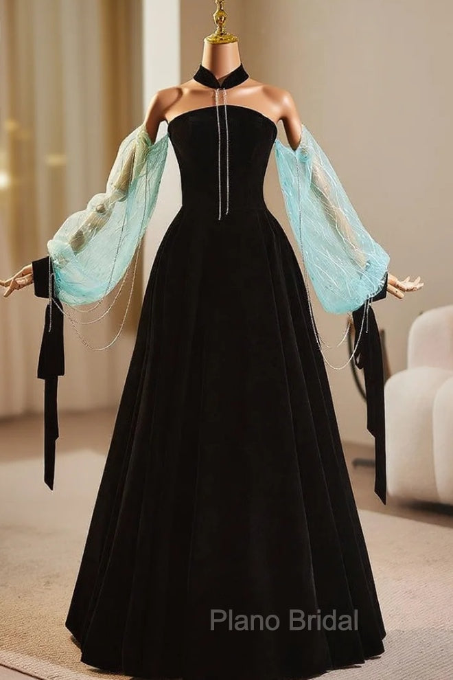 Black Velvet Long Sleeve Strapless Formal Prom Dresses Main image
